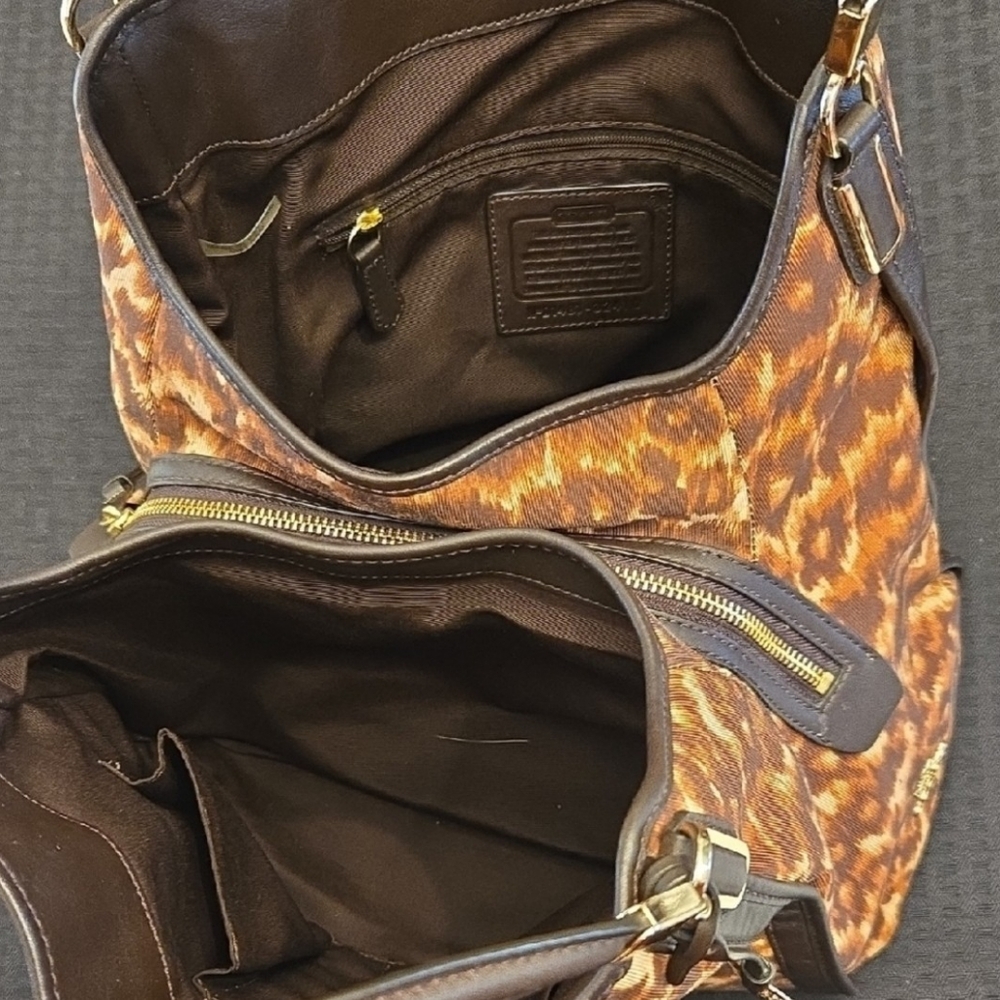 Coach Leopard Print Shoulder Bag Brown Tan Animal Print Tote Purse Leather Trim - Picture 4 of 16